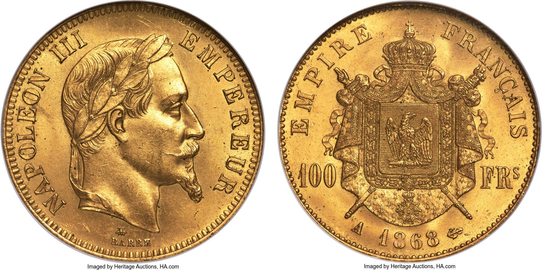 フランス 1868年A ナポレオン3世 100フラン金貨 MS65 NGC オークション結果 PREMIUM GOLD COIN