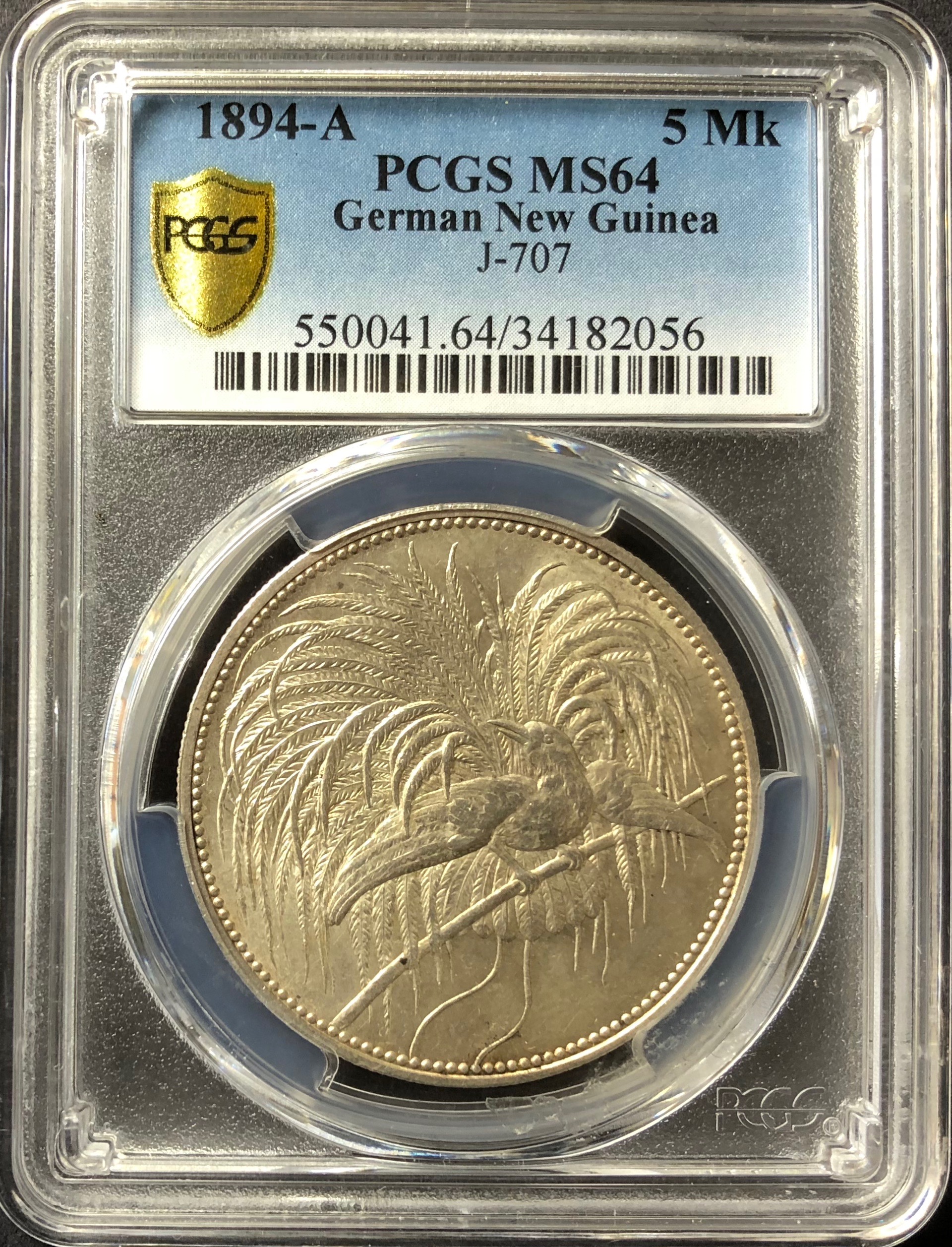 ドイツ領 ニューギニア1894年5マルク銀貨 極楽鳥PCGS MS64 - PREMIUM