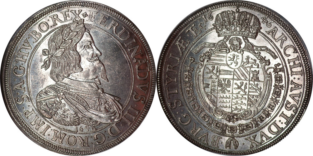 オーストリア 1646年ターラー銀貨フェルディナント3世NGC MS64 
