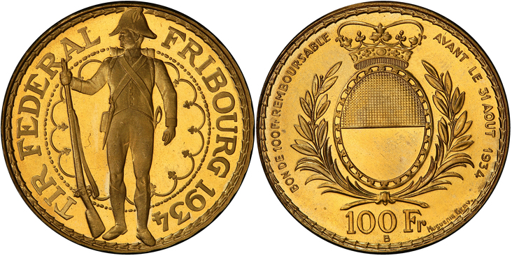 売約済 スイス1934年100フランシューティングPCGS MS67 - PREMIUM GOLD