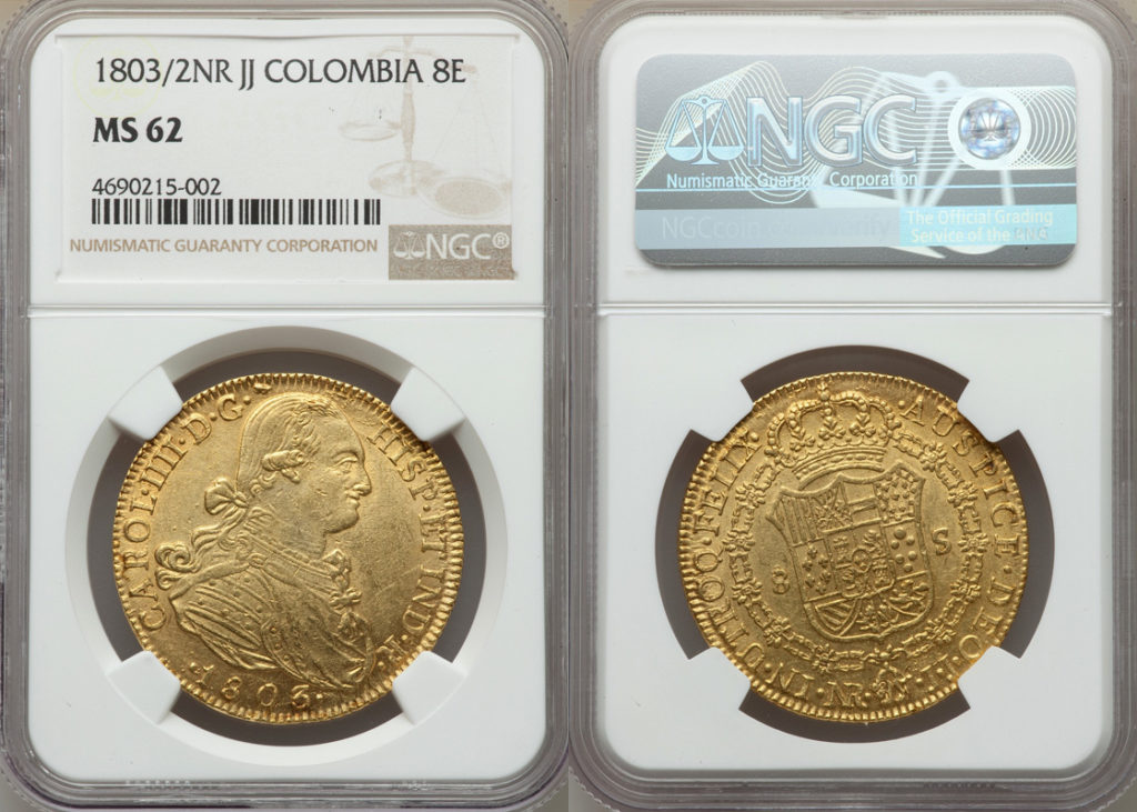 コロンビア1803年8エスクード金貨NGC MS62 - PREMIUM GOLD COIN