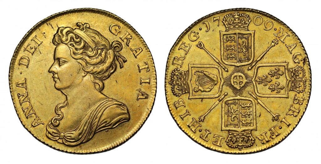 イギリス1709年アン女王2ギニーAU 58 | PREMIUM GOLD COIN