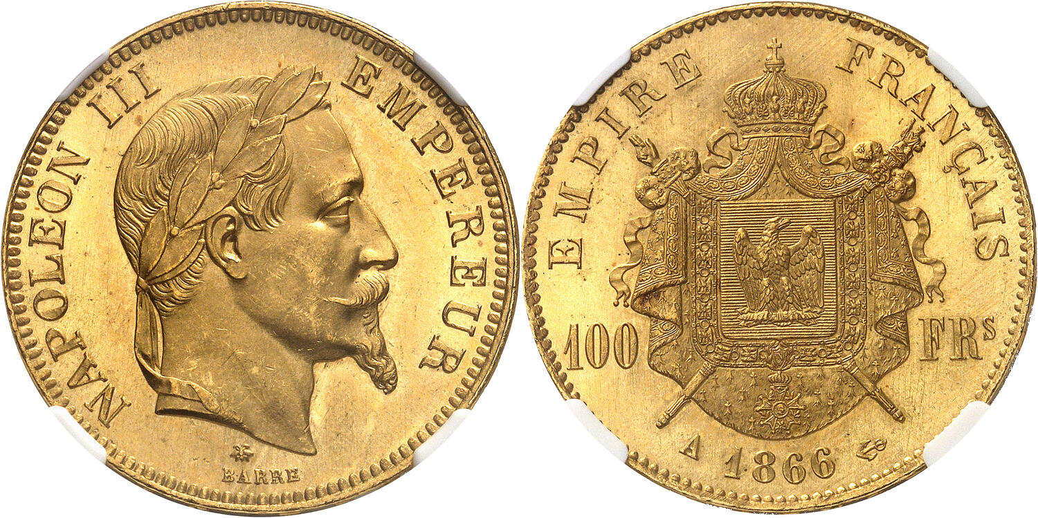 1866年 ナポレオン3世 銀貨【レア】 フランス 1866年 ナポレオン3世 100フラン金貨 MS 65+ NGC