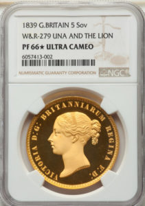 イギリス 1839年 ヴィクトリア女王 ウナとライオン 5ポンド金貨 
