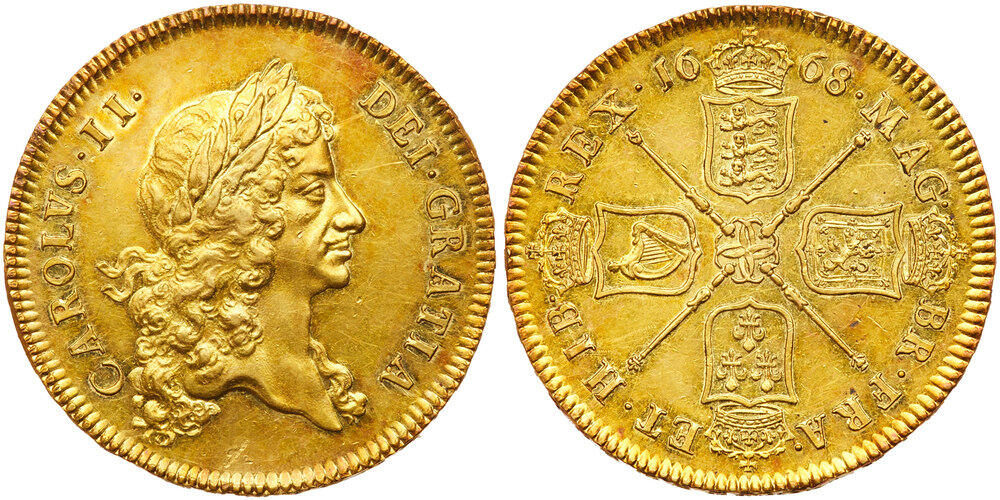 英国 1668年 チャールズ2世 5ギニー金貨 MS60 NGC オークション