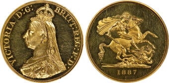 英国 1887年 ビクトリア女王 ジュビリーヘッド 5ポンドプルーフ金貨 PR62 CAMEO PCGS オークション結果 - PREMIUM  GOLD COIN