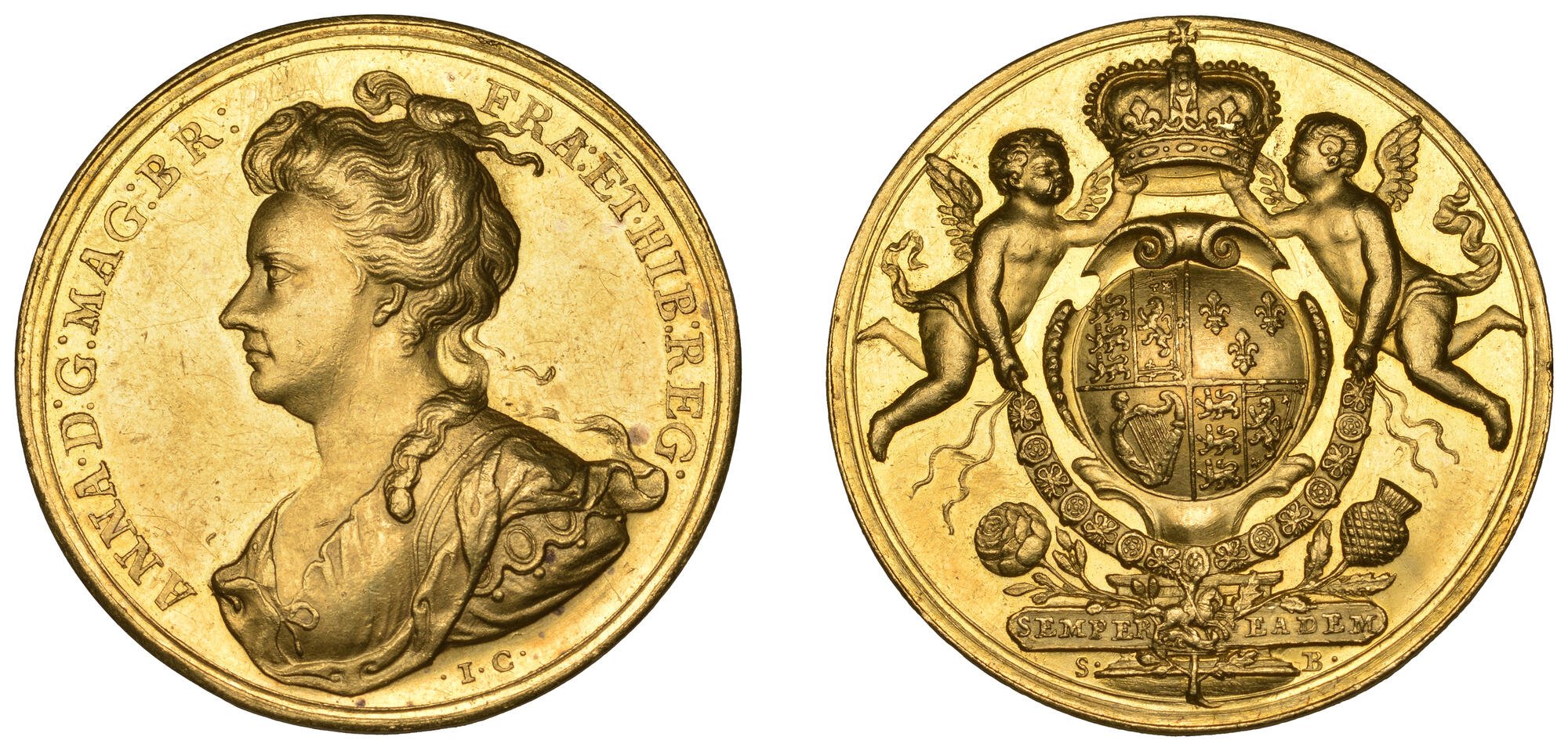 イギリス 1707年 アン女王 イングランドとスコットランド統合記念メダル MS65 NGCオークション結果 PREMIUM GOLD COIN