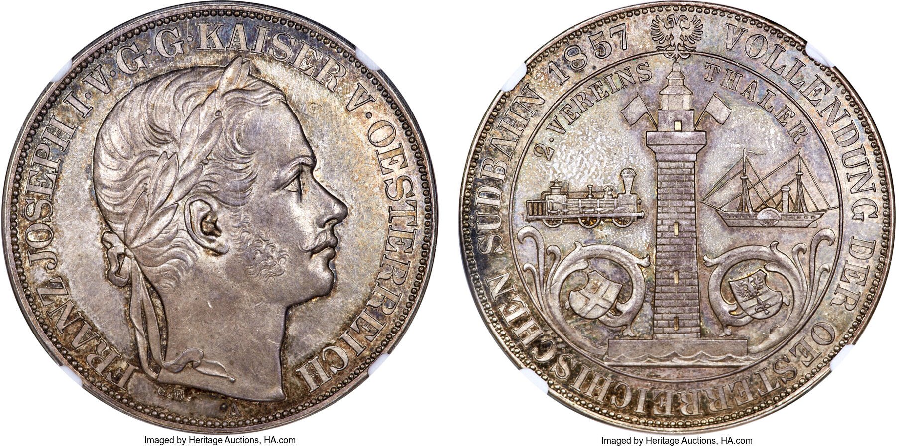 オーストリア1857年A フランツ・ヨーゼフ1世 「ウィーントリエステ鉄道」2ターラー銀貨 PR63 NGC オークション