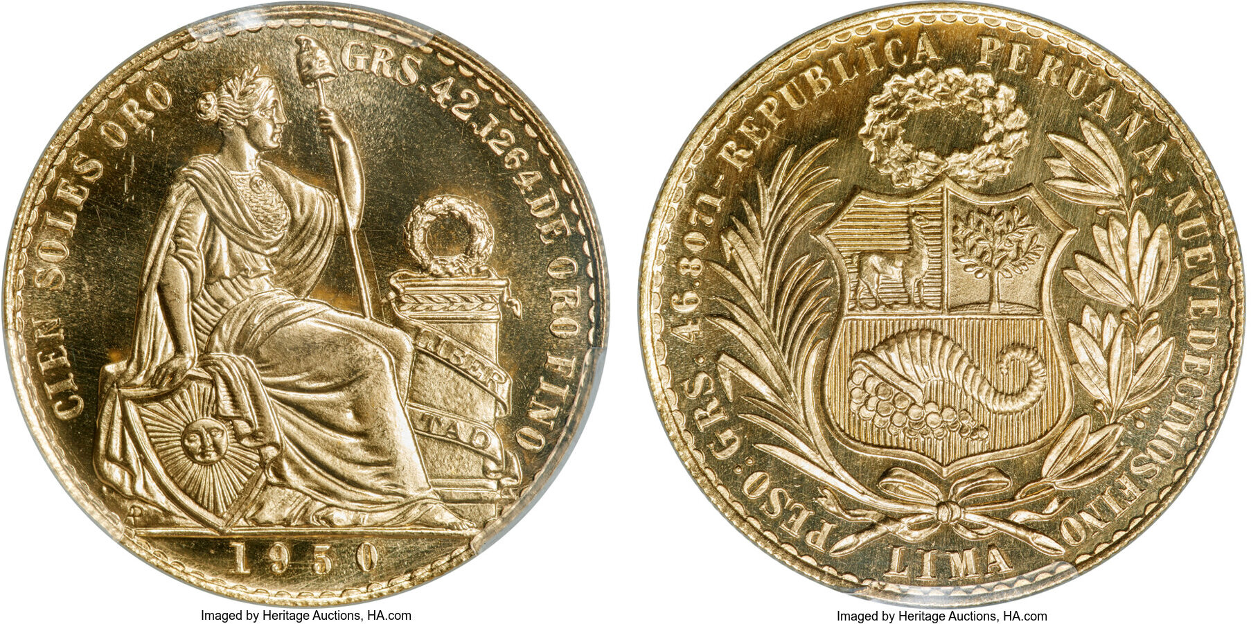 ペルー 1950年 100ソル金貨 MS66 Prooflike PCGS オークション