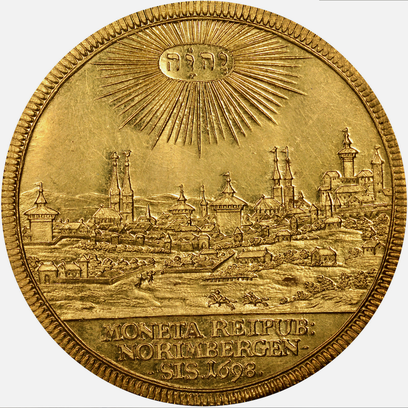 価格が下がりました。1698年 5ダカット都市景観金貨 NGC MS62