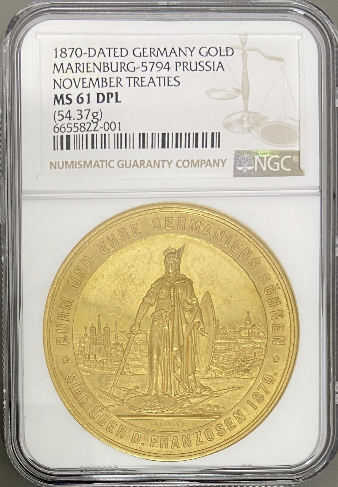 ドイツ プロイセン1870年16ダカット大型ゴールドメダル NGC MS61 DPL