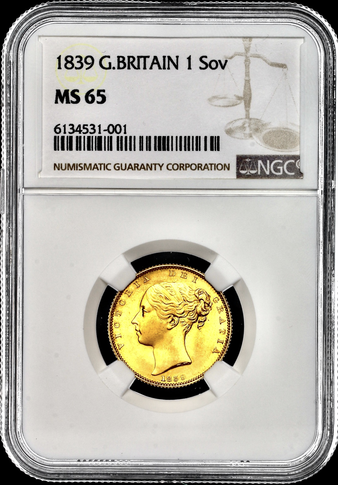 イギリス1839年ヴィクトリアソブリン金貨NGC MS65 最高鑑定 - PREMIUM