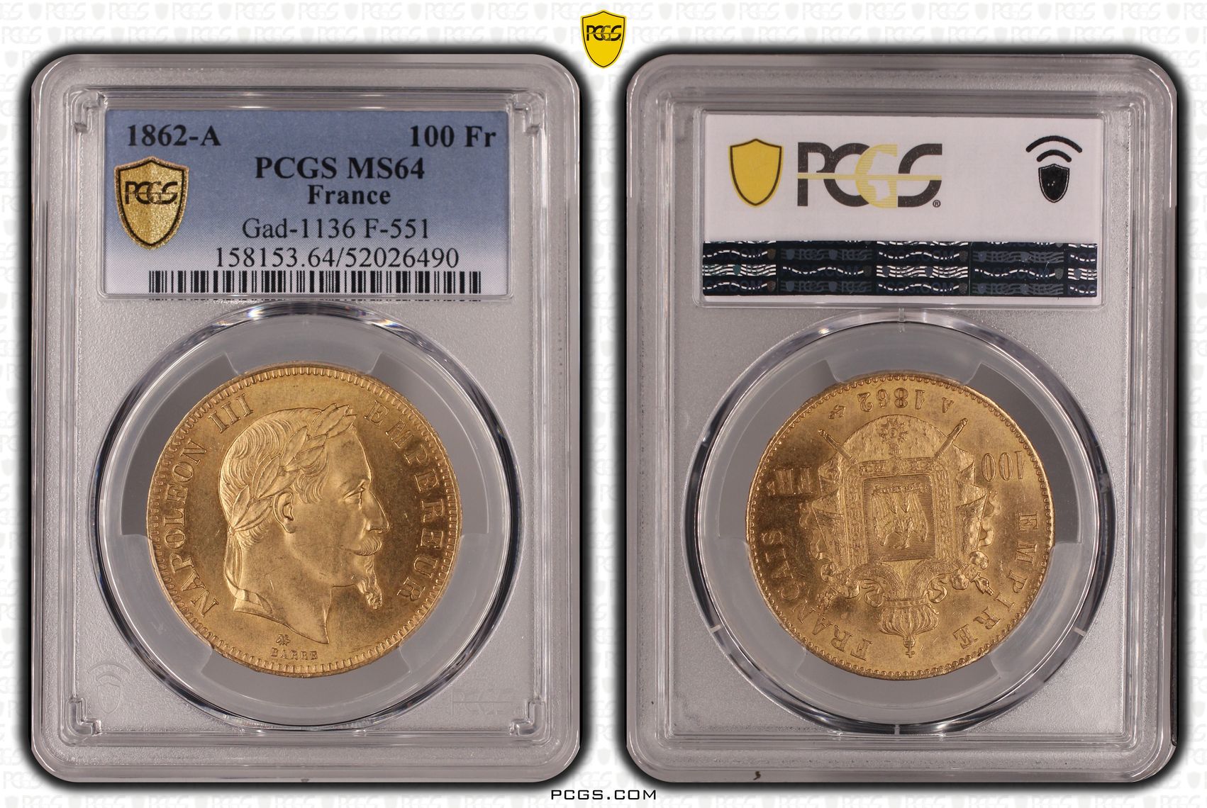 フランス1862年ナポレオン3世100フラン金貨PCGS MS64 - PREMIUM GOLD COIN
